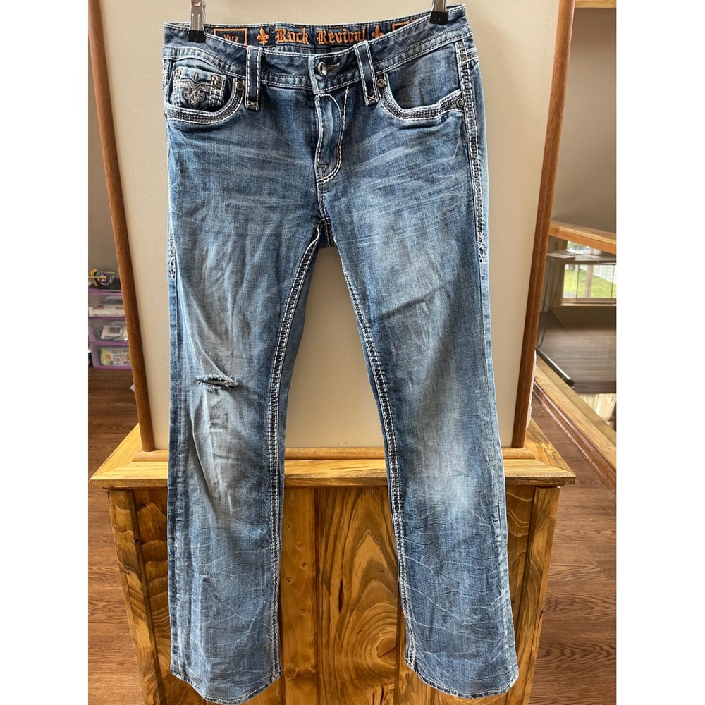 Rock Revival Very Bootcut Jeans Blue Distressed Thick Stitch 30x31 RJ8221B8